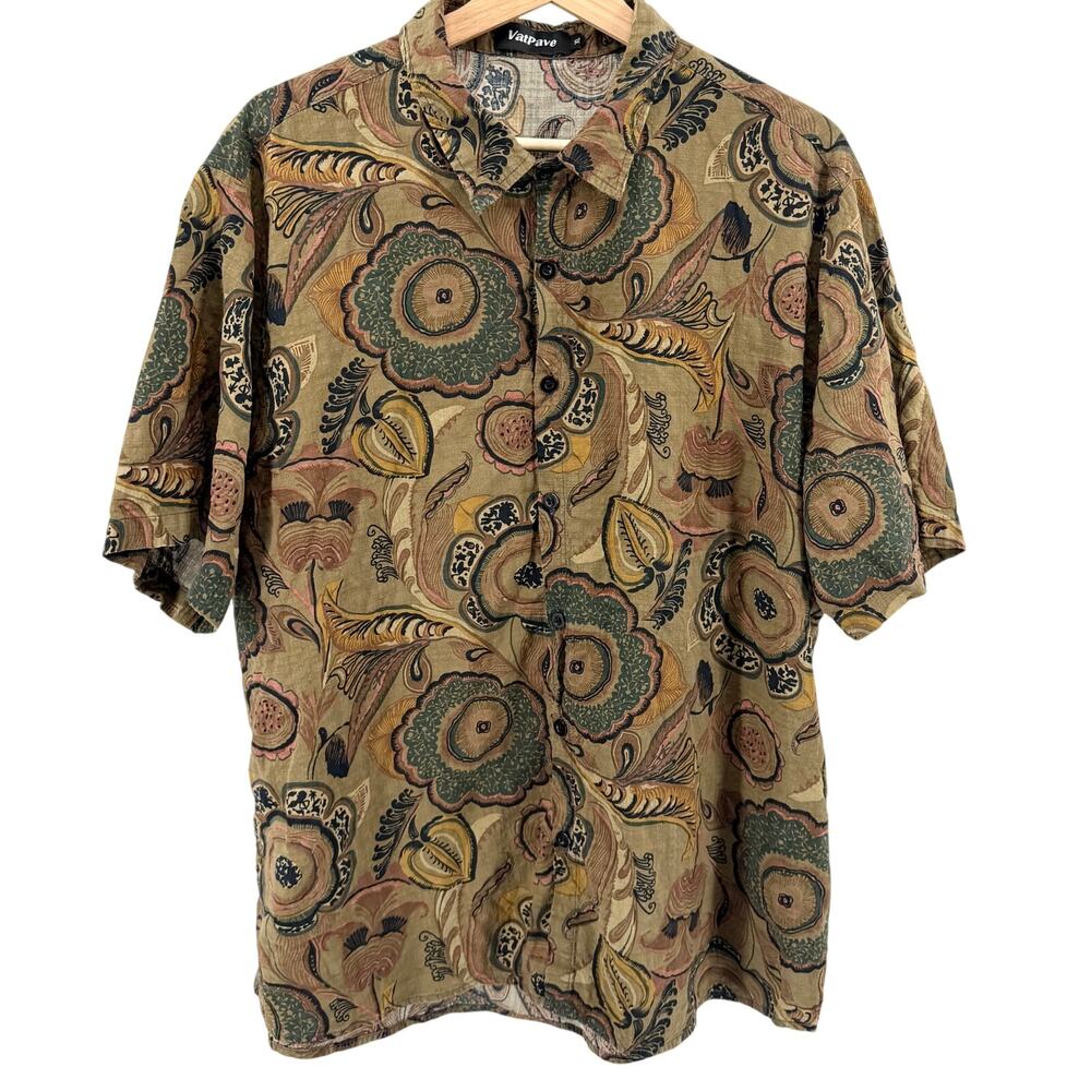 VatPave Olive Green Floral Paisley Cotton Blend Short Sleeve Button Up Shirt